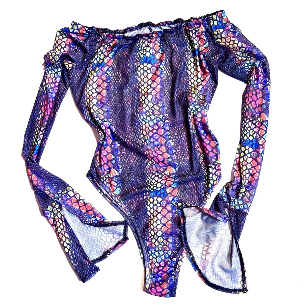 MULTICOLORED Long Sleeve Snake Skin Print Bodysuit with Iridescent Finish